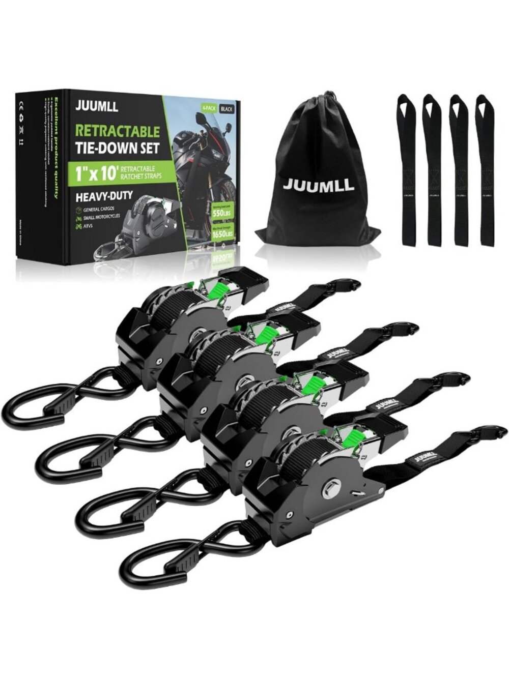 Heavy-Duty Retractable Tie Down Straps 1" x 10' - 4-Pack, Secure Your Cargo!